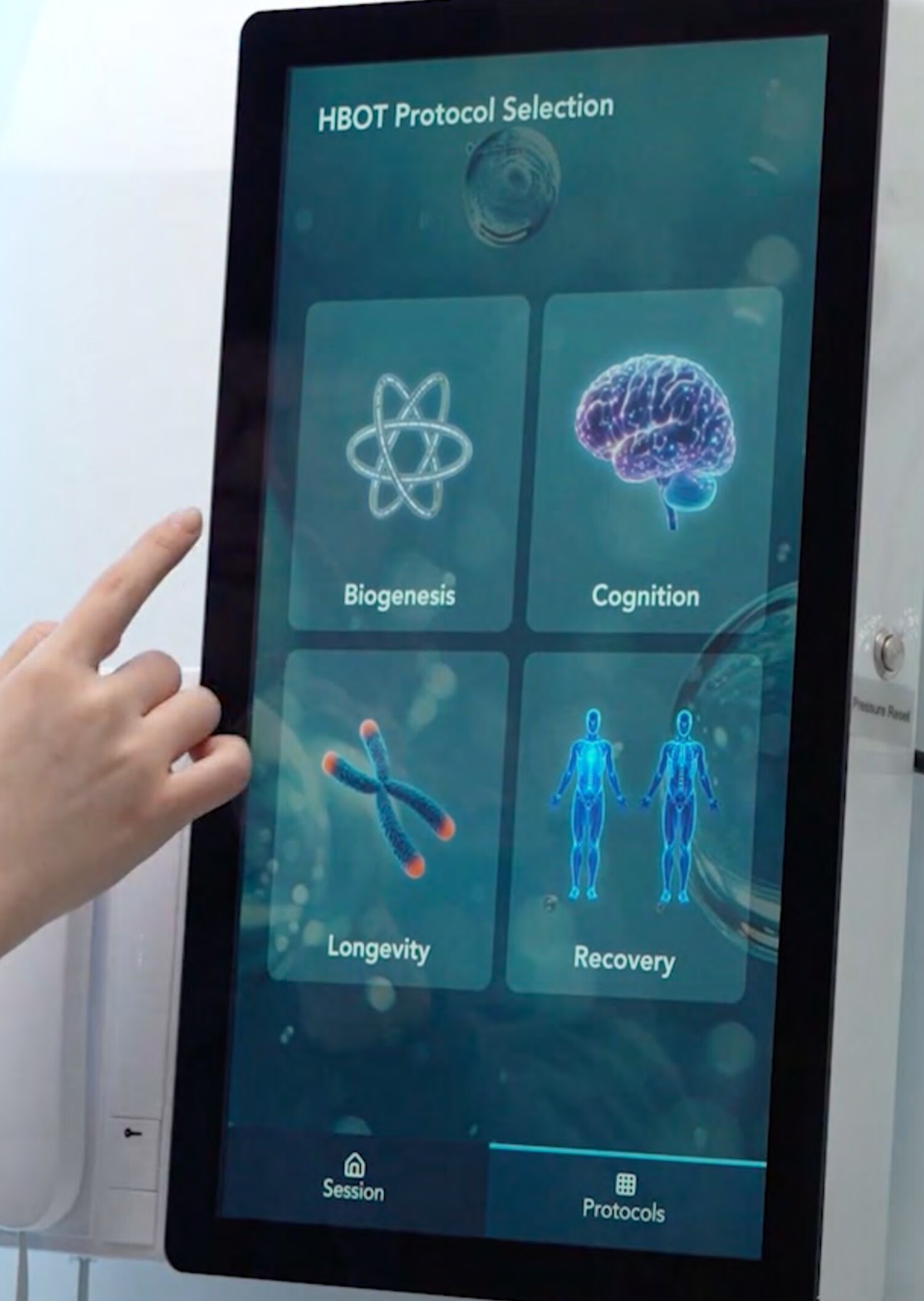OS/O2 touchscreen mounted on an Oxycell chamber, showing HBOT Protocol Selection